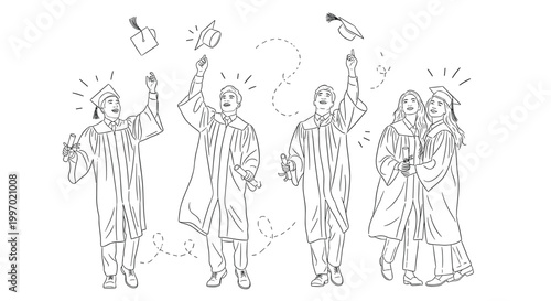 Diverse group of graduates celebrating with caps and diplomas in a joyful line drawing
