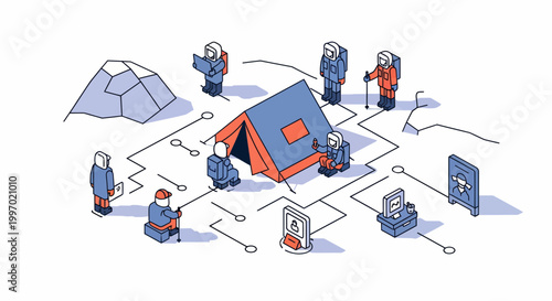 Scientific Arctic Polar Research Expedition Team Working At Base Camp Site Using Modern Data Technology Communication Equipment