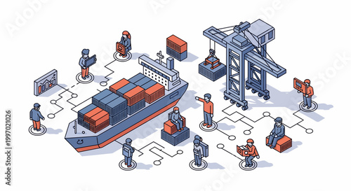 Modern isometric port logistics showing an industrial container ship with crane loading and several team workers