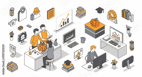 A set of office workers carving a big orange pumpkin for a fun Halloween office party