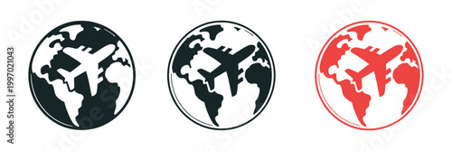 Airplane and globe icon set, plane flying around the earth symbol, global travel and aviation concept, clean modern isolated vector illustration.