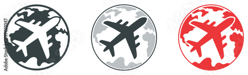 Aircraft globe icon collection, airplane orbiting the world design, international travel and transportation symbols, simple modern vector illustration for tourism and logistics.