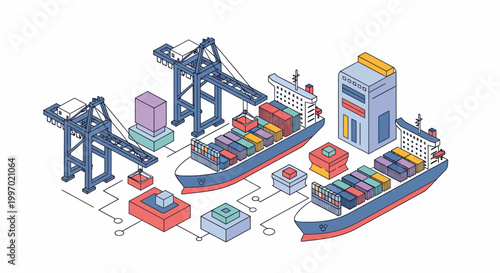 Isometric vector illustration of port logistics container ship crane terminal global trade industry maritime commerce transport