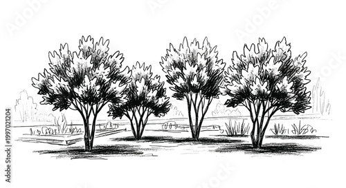 Sketch of a row of trees and bushes in a park setting