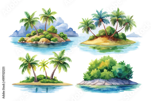 Watercolor Tropical Island Clipart, Summer Beach Landscape Illustration, Isolated on White