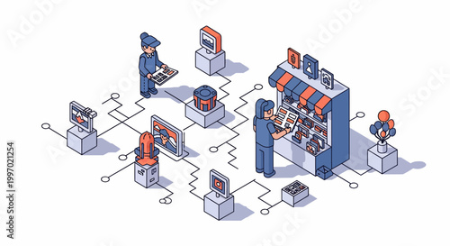 Modern isometric people shopping for souvenirs postcards and digital items in a connected marketplace store environment scene