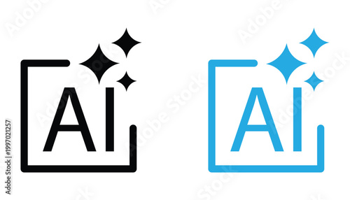 Artificial intelligence logo icons with text and sparkles in black and blue color variants.