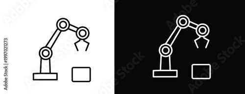 Industrial robotic arm lifting cargo box for automated manufacturing technology.