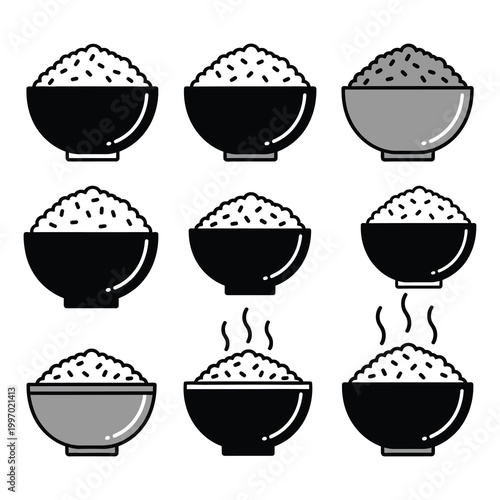 Set of rice bowls with various colors and steam rising up isolated on white background icon