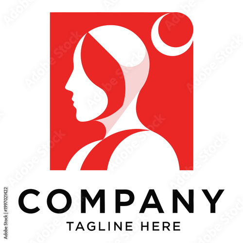 Red and white logo design with womans silhouette and company tagline template icon