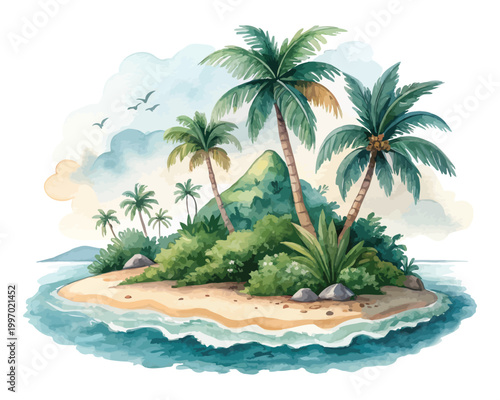 Watercolor Island Icon, Tropical Landscape Clipart, vector illustration Isolated on White background
