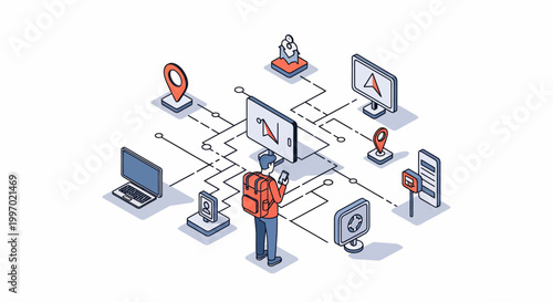 A man with bag uses phone app map for city trip tech way via gps