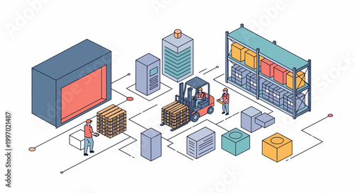 Isometric industrial warehouse management logistics illustration showing workers using forklifts to move cargo and storage boxes