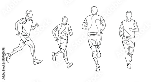 Continuous line drawing of four runners in motion from different angles