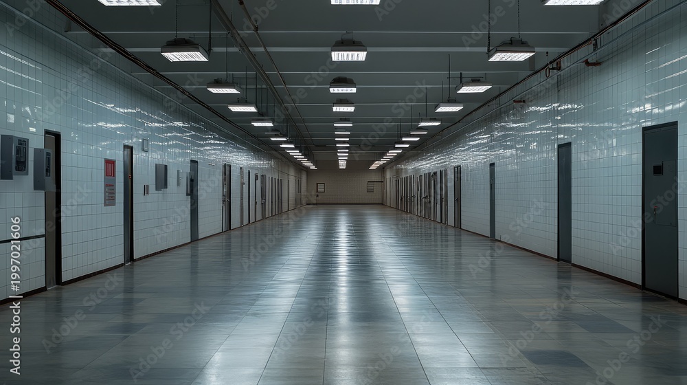 Fototapeta premium Long empty institutional corridor with tiled walls and numerous doors extending into the distance, reflecting light on the polished floor, symbolizing confinement and a sense of isolation