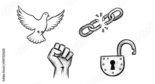 Symbols of freedom, peace, and breaking chains with a raised fist
