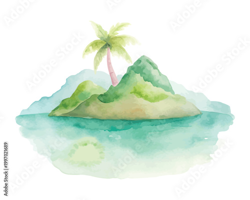 Watercolor Tropical Island Clipart, Summer Beach Landscape Illustration, Isolated on White