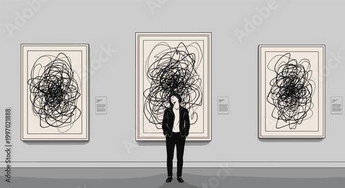 Person contemplating abstract art in a minimalist gallery setting