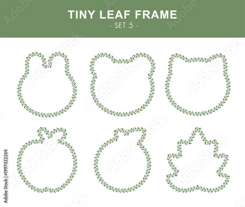 Tiny leaf frame set. Rabbit, bear, cat, apple, orange and lobed leaf borders in ditsy leaf style.