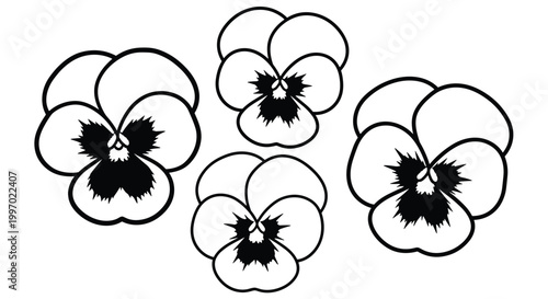 Simple black and white illustration of four pansy flowers on a white background