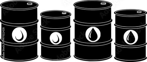 Set of 4 Black Oil Barrel Icons Vector Illustration with Petroleum Drop Symbol for Energy Industry and Fuel Storage
