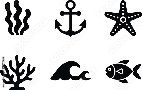 Nautical ocean life icon set featuring seaweed anchor starfish coral sea wave and fish silhouettes in minimalist style 18 words