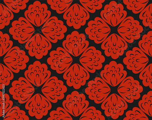 Vector seamless pattern of red tracery floral mandalas on black background. Texture with decorative floral rosettes.