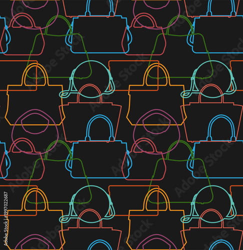 Vector seamless pattern with colorful contour silhouette of various bags on black background. Fashionable texture with outline purses