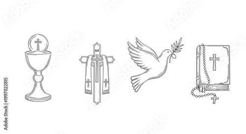 Christian religious symbols including chalice, cross, dove, and Bible with rosary