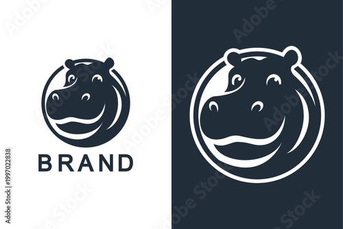 Modern Minimalist Cute Hippo Mascot Logo Design, Smiling Hippopotamus Head Negative Space Vector Emblem