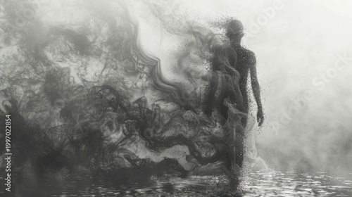 Dark Abstract Human Figure Dissolving Into Smoke Over Water