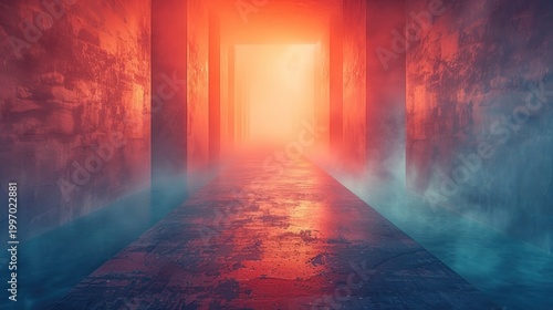 Futuristic Corridor With Glowing Orange Light and Blue Fog