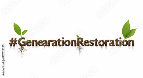 Generation restoration hashtag typography with green leaves and tree roots isolated on white background for environmental awareness campaign design