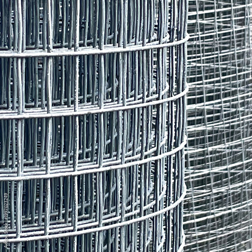 Close Up of Galvanized Welded Wire Mesh Rolls, Industrial Metal Grid Texture and Fencing Material Detail