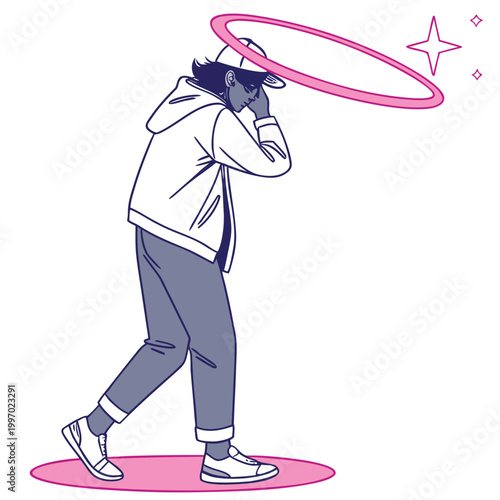 Vector illustration of young man wearing hoodie, playing with pink hula hoop, casual lifestyle
