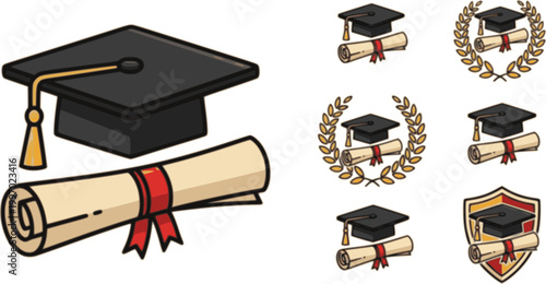Graduation hat with diploma icon set. Student hat with academic degree certificate vector illustration. College, school and university graduation ceremony concept
