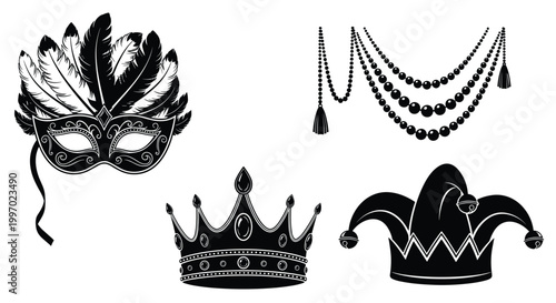 Collection of Mardi Gras symbols including a feathered mask, crown, jester hat, and beads