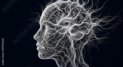 Abstract representation of a human head with flowing lines on black background  