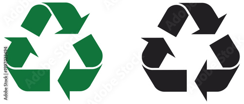 Recycling symbol icon set in green and black, universal recycle icon, eco-friendly and sustainability concept, isolated on white background, clean modern vector illustration.