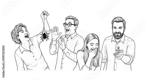 People reacting with surprise and laughter to a spider prank