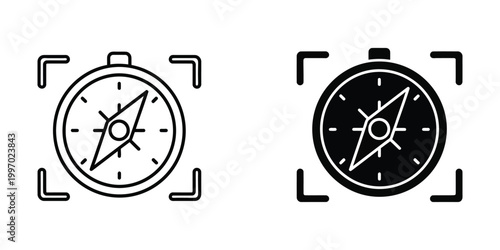 Contrasting compass designs within camera viewfinder frames for orientation and navigation