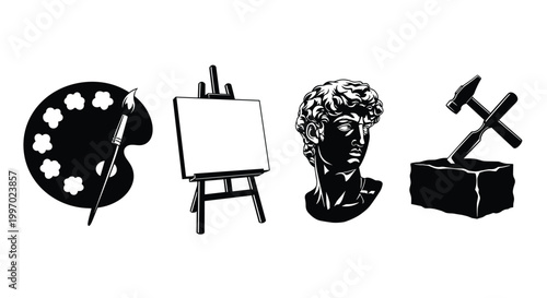 Artistic creation tools and iconic sculpture bust, representing creativity and craftsmanship