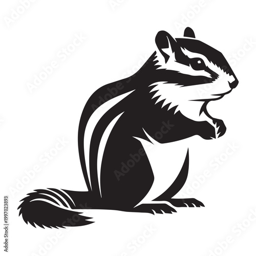 Stylized black and white chipmunk vector illustration, a simple rodent mascot logo isolated on white background