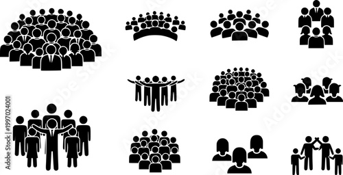 Crowd and audience people icon set showing group of people and public gathering. Vector symbols for community, society, teamwork, population, event audience and social interaction concepts 
