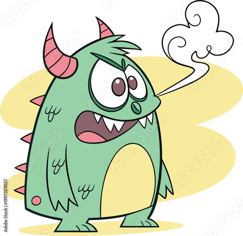 Obraz na płótnie funny green monster, cartoon creature, smoking cigarette, humorous illustration,