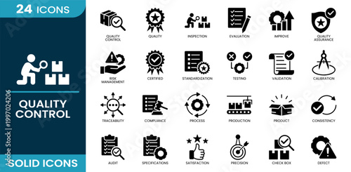 Quality control icon set. Inspection, validation, audit, testing, compliance, certification, production quality, process control, quality assurance. Solid vector icons.