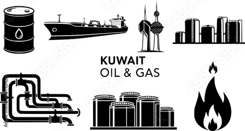 Monochromatic vector icon set depicting oil and gas industry elements including barrels, tankers, pipelines, storage tanks, and a flame, with a Kuwait landmark and text.
