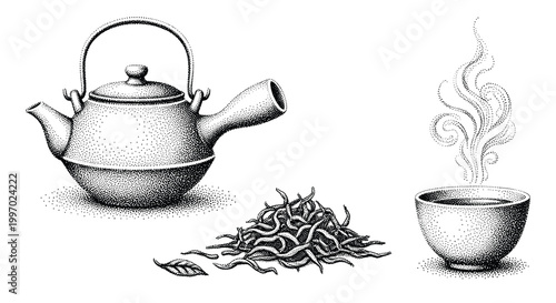 Traditional tea ceremony preparation with teapot, loose leaves, and steaming cup