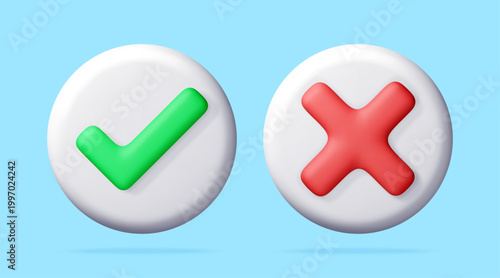 3D Green check mark and red cross mark on circle buttons. True or false icons for survey, checklist and task completion. Innovative user interface element design. Vector illustration