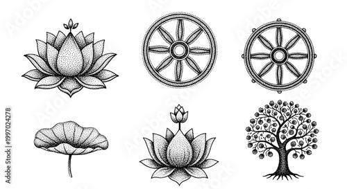 Collection of traditional Buddhist symbols rendered in stippling art style